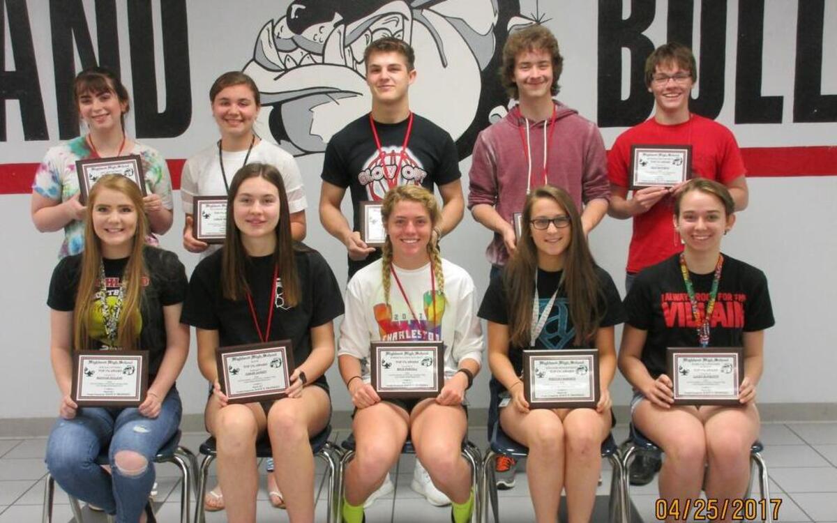 HHS TOP 1 % STUDENTS Highland High School Top 1% Award winners for March 2017 were, front row from left, Hannah Sullens (social studies), Sarah Jansen (band), Rece Portell (foreign language), Whitney Roberts (English), and Lacey Hanratty and (family and consumer science); back row, Abigail Ermer (art), Carlie Mettler (vocational), Trent Rakers (math), Reece Mercer (science) and Ryan Rottman (business). Not shown is Emilie Hoepker (physical education). These students all show outstanding attitude, character, and work performance. The teachers in each department select one student each month that best represents these qualities.