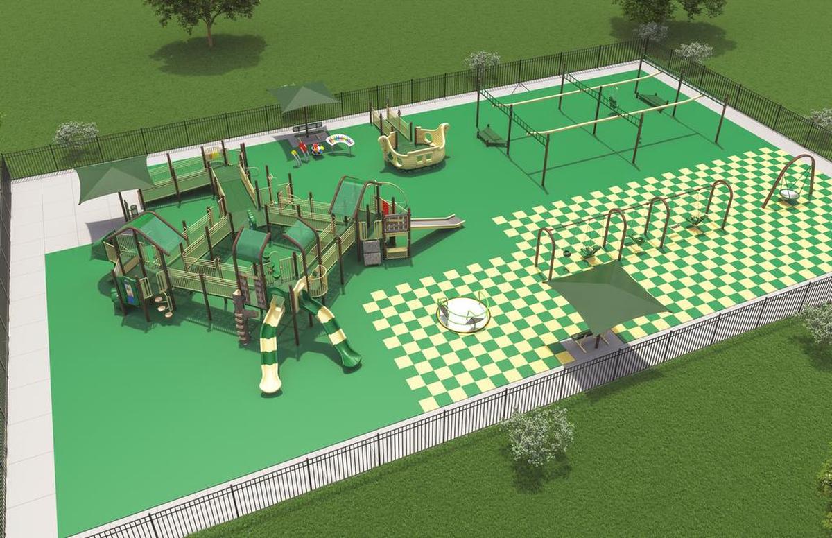 An aerial view of a concept for an all-inclusive playground design for Dennis H. Rinderer Park on Veterans Honor Parkway in Highland. The park was deisgned to include features for all children.