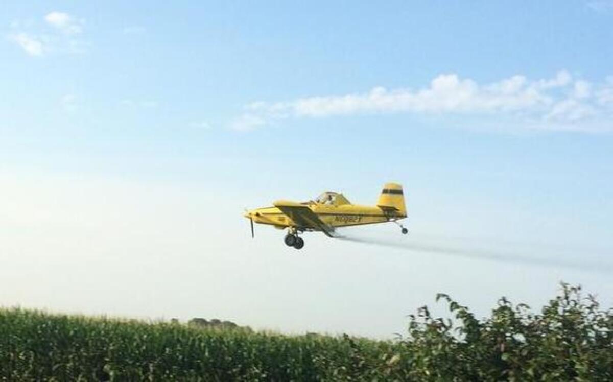 
Michael Norhtcutt a pilot with Holzwarth Flying dusts a cornfield along W. Deck Street in New Douglas the morning of July 18. Holzwarth Flying has been providing growers and crop protection companies with aerial application (crop dusting) services since 1994. Founded by Chuck Holzwarth, the company has grown to include 13 full-time staff, which includes six full-time pilots, also including two mechanics who service the company’s six fixed-wing airplanes and one helicopter used for seed pollination. The company swells to 30 seasonal staff and up to 19 airplanes during the busiest part of the season. Holzwarth Flying serves a large portion of Illinois and eastern Iowa. Owner and operator Chuck Holzwarth grew up on a farm in Illinois. His agricultural pilot career was sparked in 1986 when his wife gave him a gift of four hours of flight instruction with an ag pilot. Holzwarth is a past president of the Illinois Agricultural Aviation Association and has thousands of hours flying numerous types of aircraft including their current fleet of turbine-powered Air Tractors. Currently, Holzwarth Flying operates from three year-round locations in Illinois: Lincoln, Kilbourne and Virden, and operates from the airport in Belle Plaine, Iowa.
