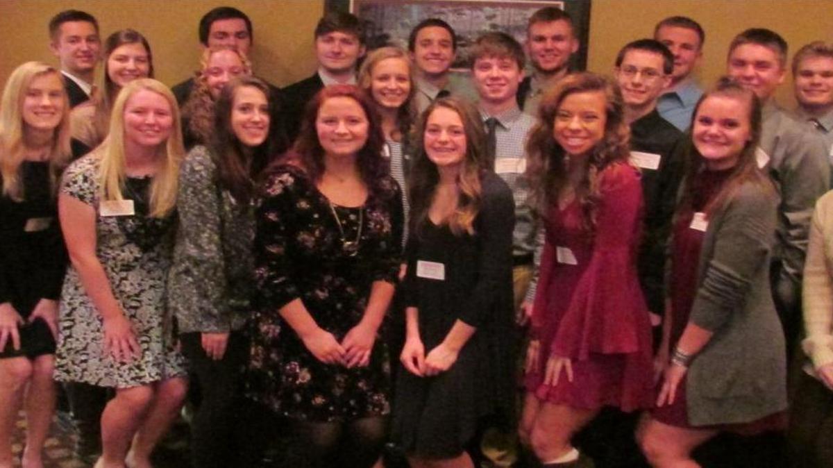 Highland High School class and club officers recognized by the Highland Optimist Club were, front from row from left, Alexa Ruskus, Emily Gutzler, Kayla Green, Madelyn Shively, Katelyn Marti, Brianna Becherer, McKenzie Rosen and Lauren Wright; middle row, Jenna Spies, Morgan Potthast, Allison Zobrist, Austin Brown, Adam Kelso, Trent Carriger and Nathan Harris; back row, Justin Wheeler, Kyle Lane, Parker Wrobbel, Ben Thomae, Joey Rittenhouse, Trenton Allen and Matt Beyer.