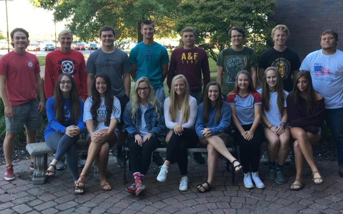 Senior Court: Front row from left are Abby McTeer, Kallie Painter, Claire Pabst, Kirsten Plocher, Caitlin Basden, Kelsey Cook, Leah Sutton and Carli Fields; back row, Luke Landmann, Cory Stieb, Kyle Lane, Stephen Schniers, Tyler Allen, Sean Snyder, Cameron Altadonna and Dylan Knebel.