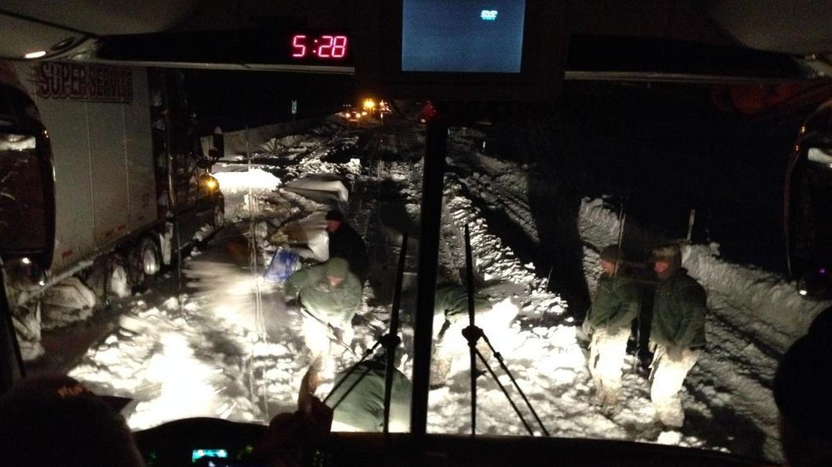 The National Guard digs out a Mid-American Coaches’ bus that got stuck last weekend on the Pennsylvania Turnpike. The bus was carrying 52 people from the Metro East, including over a half dozen people from Highland, who attended March for Life festivites in Washington D.C.