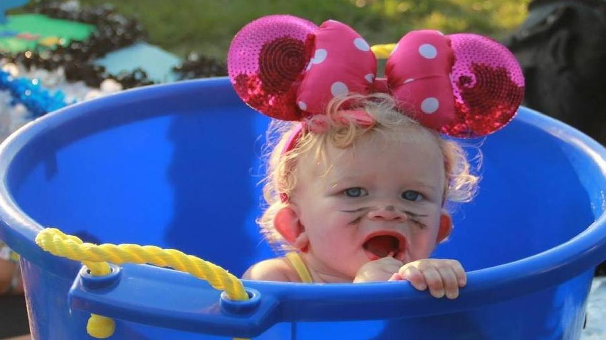 Aubrey Barr got caught in a while riding the “Mouse Trap” float in the Grantfork Homecoming parade last year.