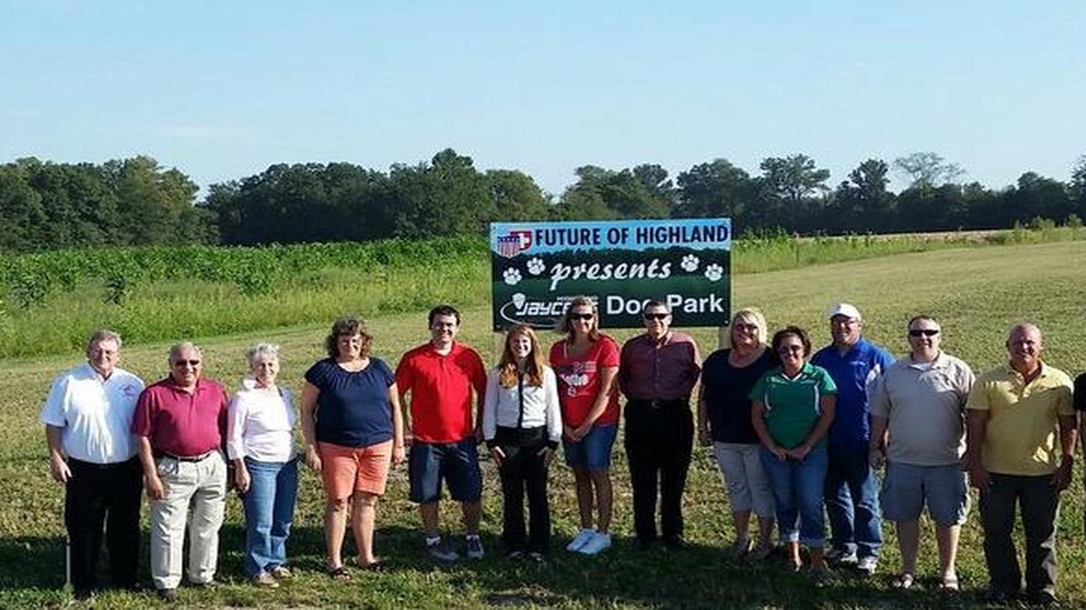 
Highland Jaycees and city leaders stand at the future site of Highland’s first dog park.
