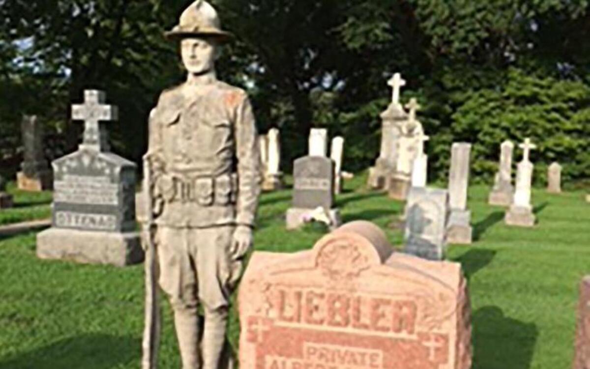 This photo show’s the tombstone of Pvt. Albert Liebler, 1891-1918, at St. Gertrude Catholic Cemetery in Grantfork. Photo by Roland Harris.