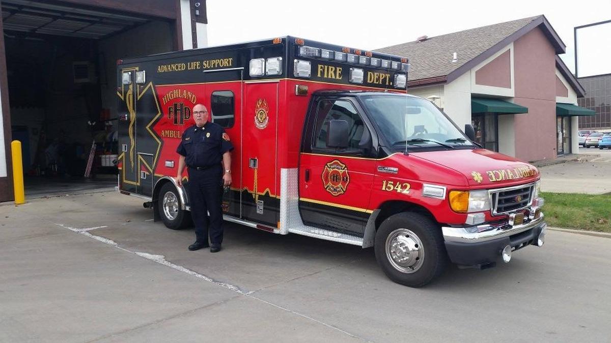 Highland EMS Chief Brian Wilson stands by the newest ambulance for the city’s medical emergency response crew. The unit, a 2006 Ford, was purchased last year from Sugar Creek Township for $30,000. The vehicle had 62,000 miles on it and replaced another ambulance, which racked up 1 million miles.