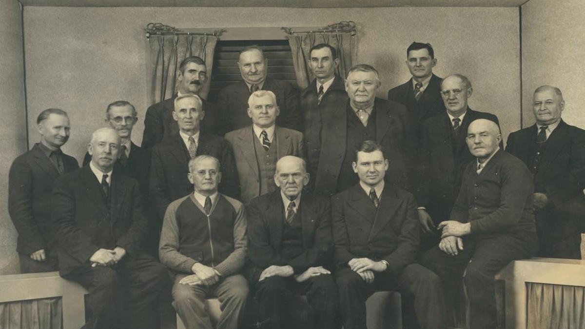 
The Helvetia Township Mutual Fire Insurance Co., located at 1016 Laurel St. in Highland, consisted of the following board members in January 1941, first row from left to right (sitting), Daniel P. Frey of St. Jacob, Henry Foehner of Jamestown, John S. Leef of Grantfork, Clinton H. Rogier of Highland, George Hug of St. Morgan; second row (standing), John G. Metzger of Pocahontas, Edwin F. Schmidt of Highland, Dr. John G. Schoeck of Troy, Charles A Rogier of Highland, Andrew C. Schmidt of Marine, Henry Rehkemper of St. Rose, Martin Dresch of Highland; third row (standing), John M. Riebold of Troy (Black Jack), Bruno Krenzer of Highland, George J. Michael of St. Jacob and Irvin J. Reinhart of Grantfork.

