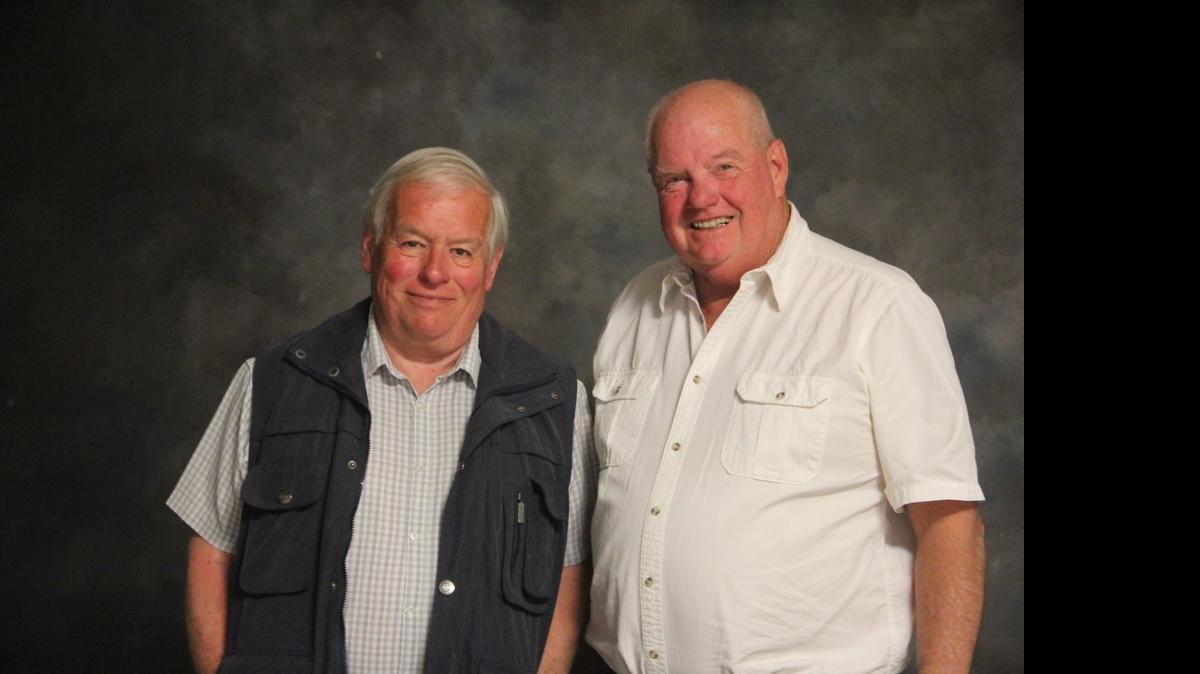 
John Excell of Somerset, England and Mike Voegele of Highland share a laugh last week. Forty-nine years ago, Excell and Voegele were meteorologists aboard the air carrier USS Independence.
