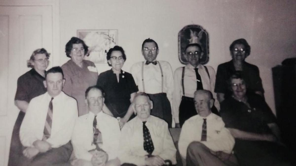 Gottlieb Steiner and his family. Seated from left are Leo, Louis, and Gottlieb Steiner, Henry Reinemer and Ida Steiner Reinemer. Standing are Aline Steiner (Leo’s wife), Louise Steiner (Louis’s wife), Hilda Steiner Bleisch and her husband Roland Bleisch, and Charles Casper and his wife Milda Steiner Casper. The photo is from the late Esther Casper Baumann.