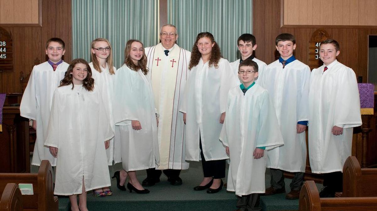 St. Jacob UCC / St. John UCC in Summerfield 2015-2016 Confirmation Class: These young people were presented to their churches on Sunday, March 13, Confirmed on Palm Sunday, March 20, and took their first Communion on Easter Sunday, March 27. Front row from left are Haylee Petchulatand Ben Prange; back row, Troy Gansmann, Delana Dooley, Lane Sedlacek, Pastor Gary Kniepkamp, Kristen Hill (St. John), Gavin Marti, Sam Prange and Cameron Woods.