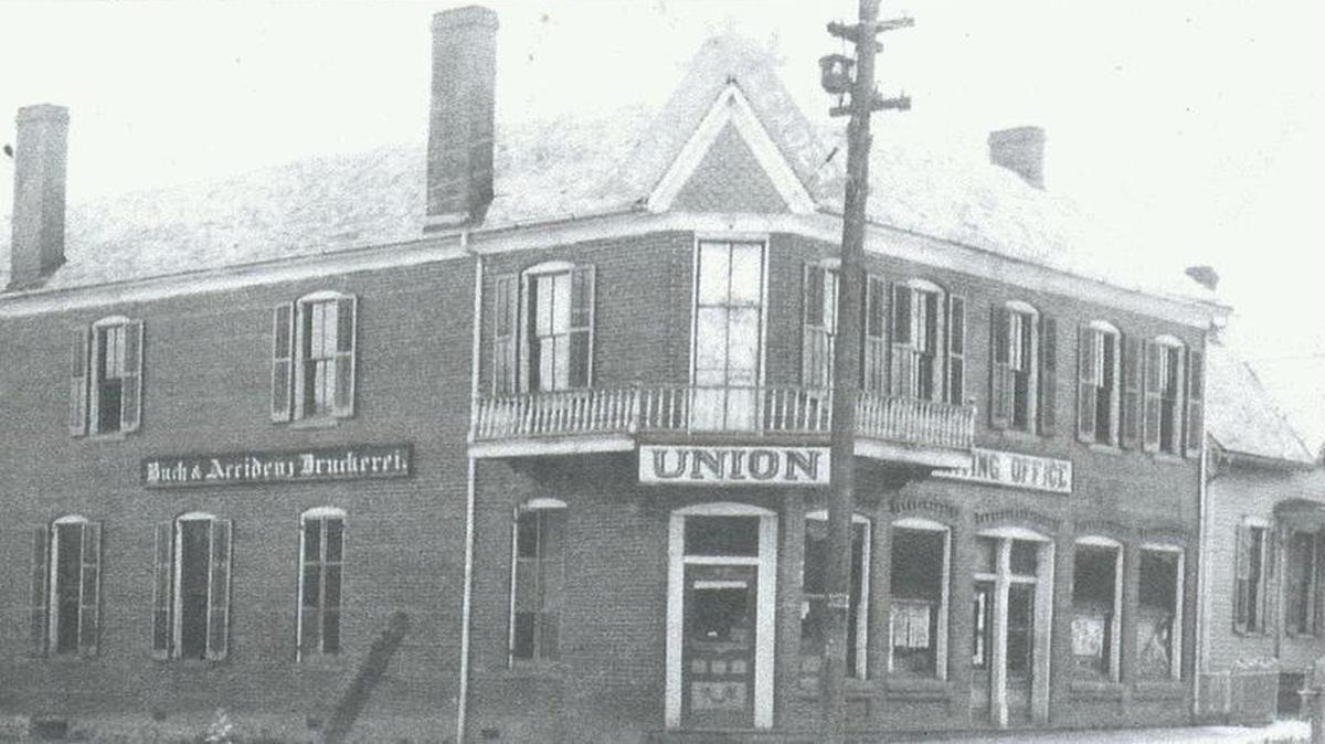 The Highland Union newspaper and printing office with the bakery of Burh & Arriden’s Baucherri (bakery). See the bakery sign above second floor windows of the Die Union building at 1010 Broadway, just three lots east of the Helvetia Milk Condensing Co.