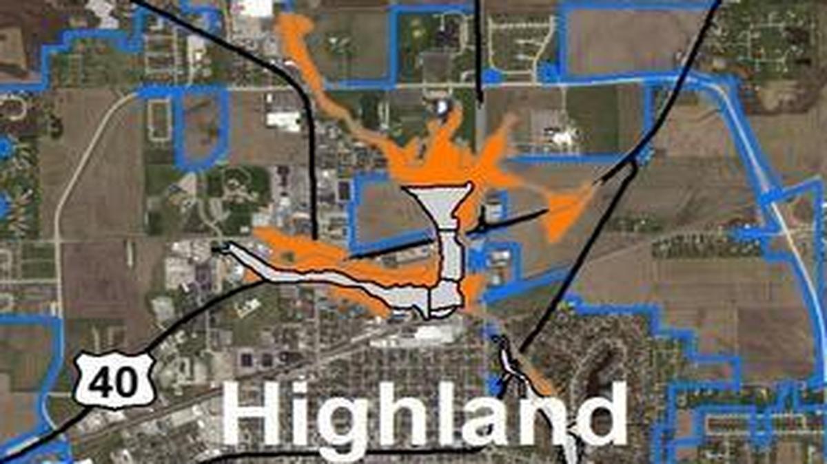 This image shows how the flood plain in Highland might increase.
