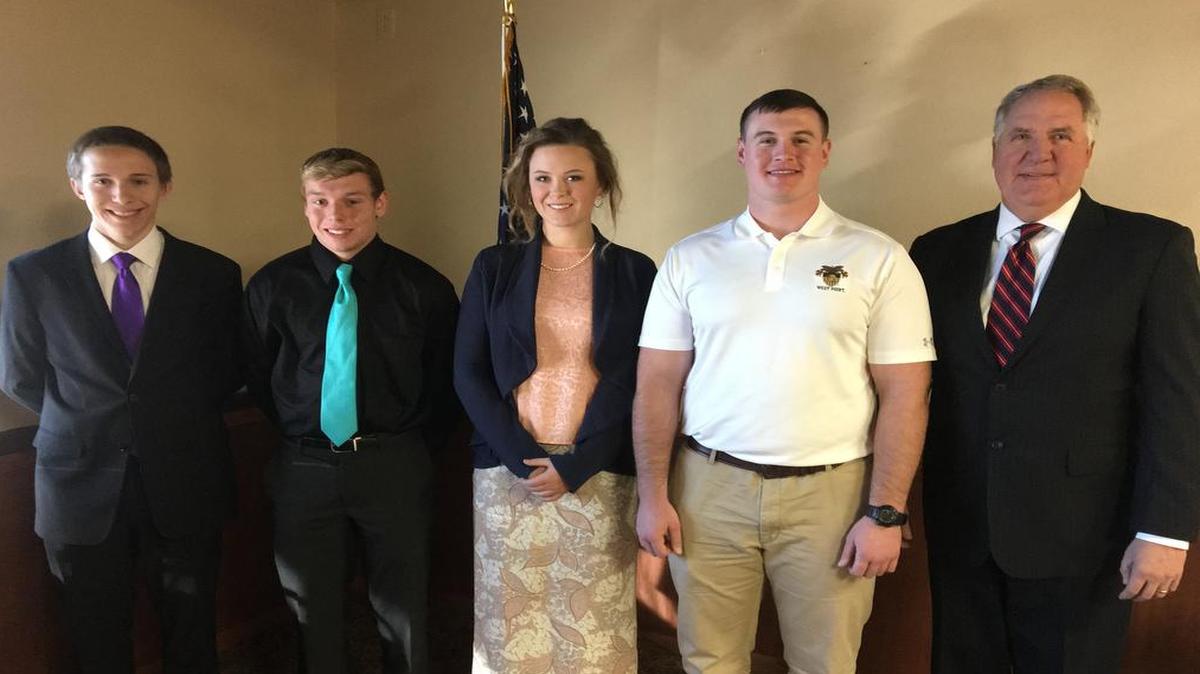 Congressman John Shimkus, on right, recently announced his nominees from Madison County for the class of 2021 to the nation’s military service academies. They are, from left, Ryan D’Antonio of Saint Jacob (USAFA, USNA), Brett Korte of Highland (USAFA), Aften Richter of Highland (USAFA, USMA, USNA), Adam McElligott of Troy (USMA).