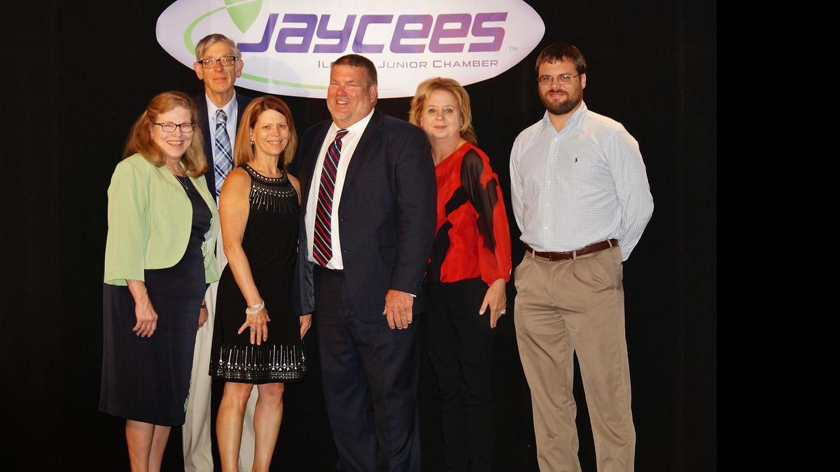 
Rep. Charlie Meier poses with his family for a photo after being inducted into the Illinois Jaycee Hall of Fame. From left are Marilee Roethemeyer (sister), Sam Roethemeyer (brother in-law), Linda Knolhoff (sister), Rep. Meier, Cindy Gross (girlfriend), and Dr. Josh Knolhoff (nephew).
