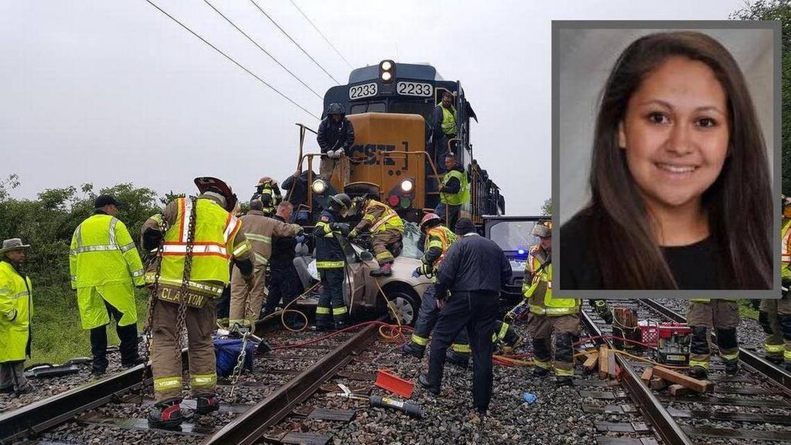 Ana Cantrell, 19, of Pierron (inset) has been hospitalized since her car struck by a train at an unmarked, private crossing near Highland on May 3.