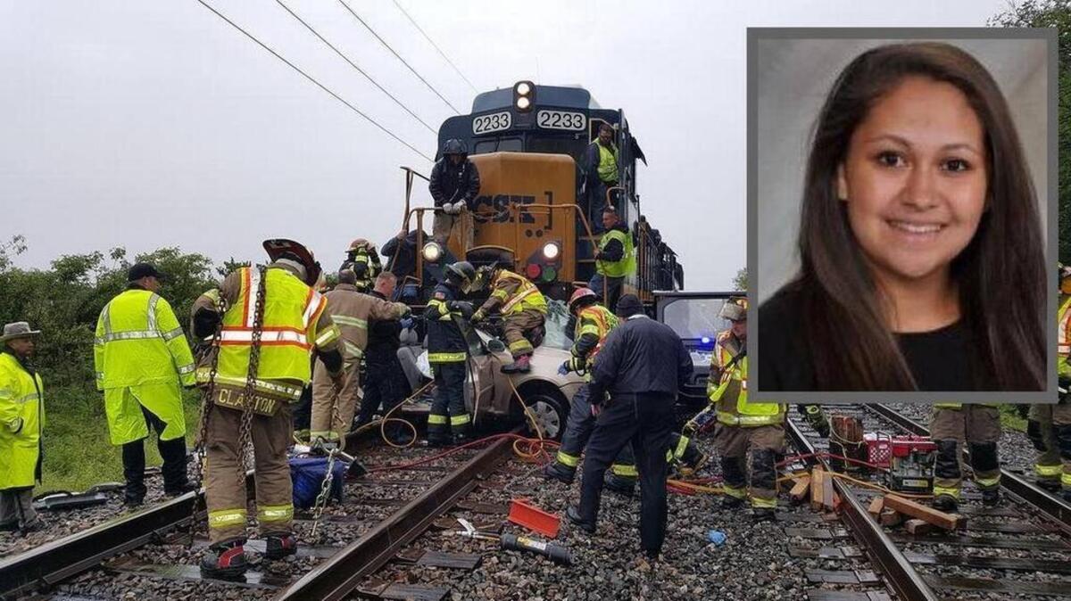 Ana Cantrell, 19, of Pierron (inset) has been hospitalized since her car struck by a train at an unmarked, private crossing near Highland on May 3.