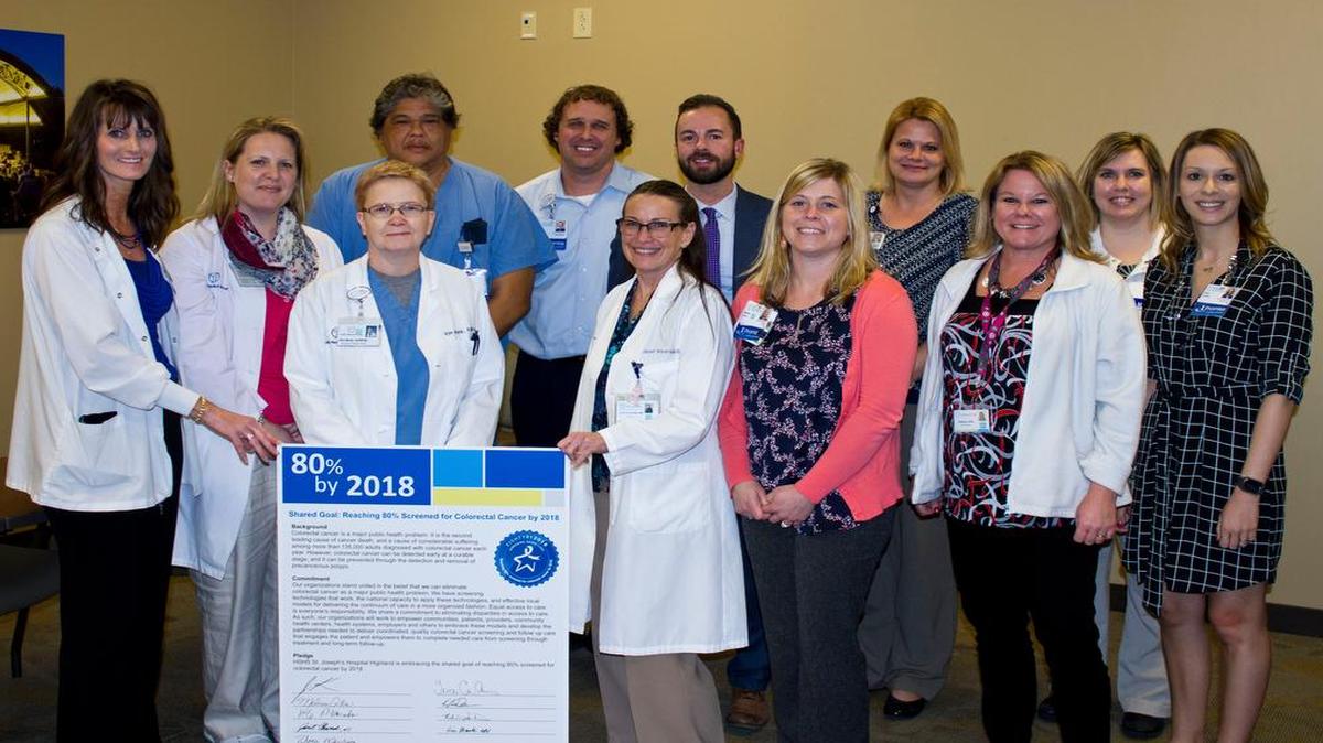 Members of the HSHS St. Joseph’s Hospital-Highland staff and HSHS Medical Group staff signed the “80% by 2018” pledge to help raise awareness about colorectal cancer screening and to reach 80 percent screening rates for adults age 50 and older.