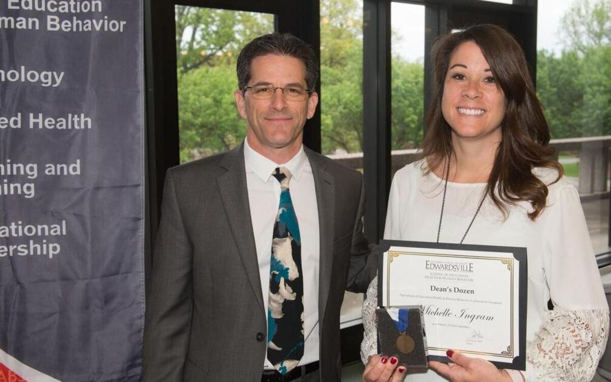 Michelle Ingram of New Douglas with Curt Lox, Ph.D., dean of the Illinois University Edwardsville School of Education, Health and Human Behavior.