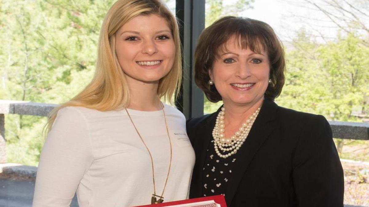 Kristin Hoyt, a senior from Highland, earned the Rose M. Juhasz Memorial Nursing Scholarship. Hoyt is pictured with SIUE School of Nursing Dean Dr. Laura Bernaix.