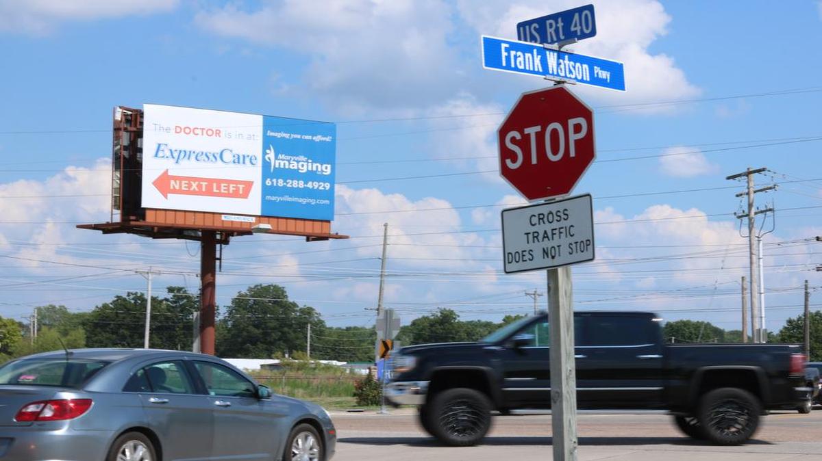 Cars speed through what City Manager Mark Latham calls “the most dangerous intersection” in Highland. The city is seeking permission from the Illinois Department of Transportation to signalize the intersection of Hemlock Street/Frank Watson Parkway and U.S. Highway 40.