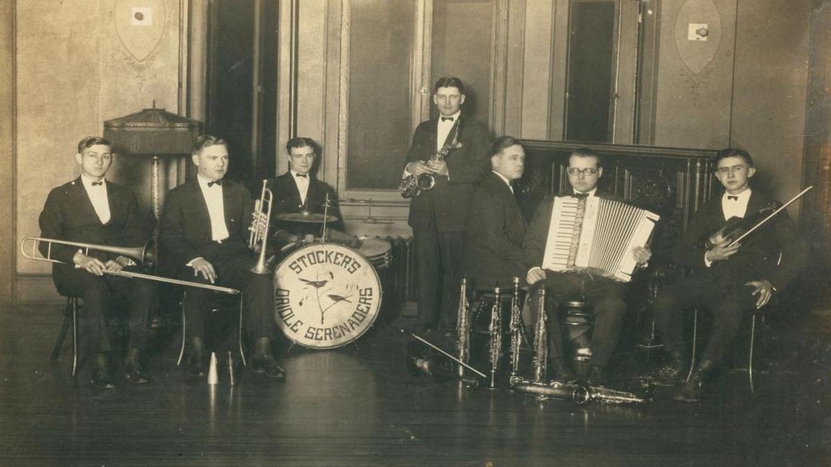
The “Oriole Serenaders” play at the Masonic Temple. On trombone was William “Bill” Vaupel; coronet, Ray Schmetter; drums, Rolla “Kink” Neudecker; sax and clarinet, Clarence “Tabby” Stocker; piano, Frank Hauck; accordion, Felton “Boots” Willhauk; and violen, Reuben “Rube” Hebrank. Thanks to Willis Draper, who turned 100 this year, for this photo.
