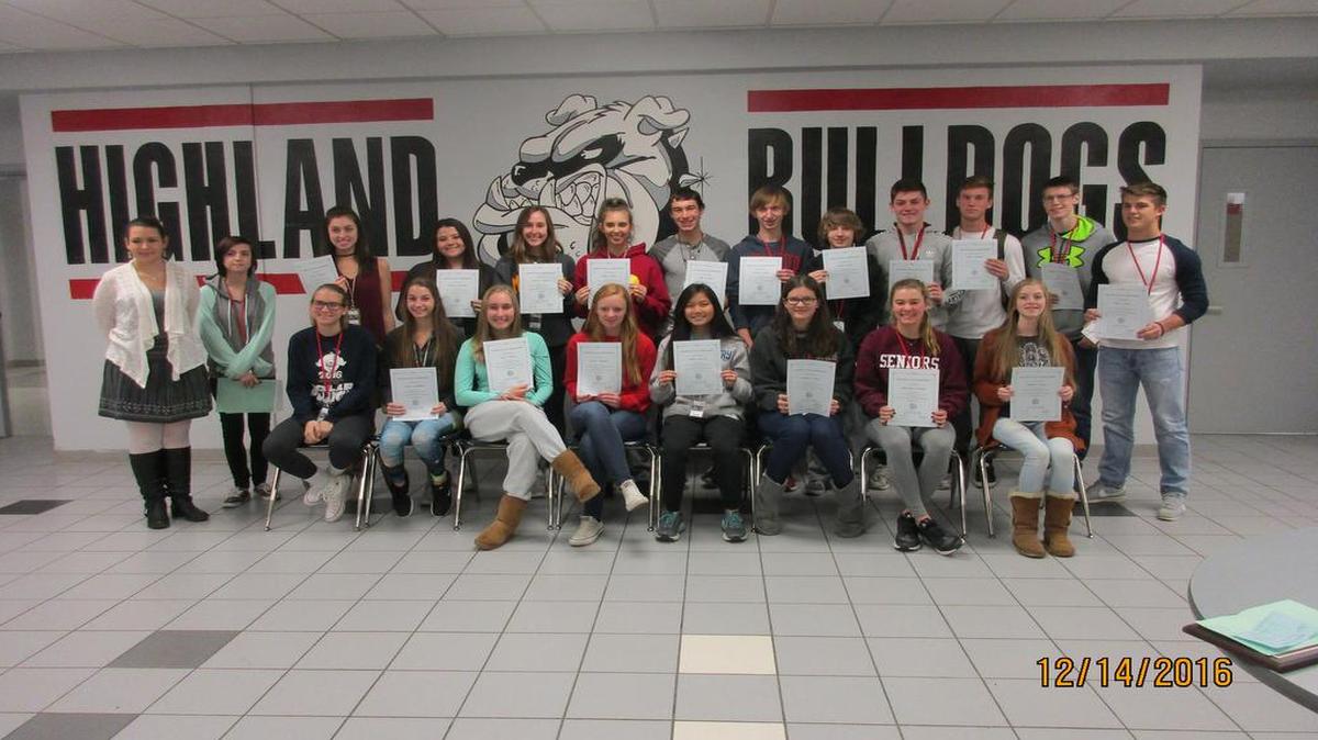 2017 Highland High School scholars included, front row from left, Anjuli Kampwerth, Ariel Smock, Taylor Townsend, Sydney Nyquist, Johannah Comish, Sarah Beth Wiegman and Shannon Miller; back row, Miranda Smith, Taylor Whitten, Nicole Beaubien, Peyton Holzinger, Madison Wellen, Aubrey Hacke, Evan Capelle, Corbin Daiber, Caleb Denby, Luke Jones, Jack Landman, Jacob Mitchell, Trent Rakers. Not shown are Sarah Frank, Emily Glenn, Tyler Higgins, Sarah Jansen, Katherine McGlasson, Benjamin Thomae and Justin Wagoner.