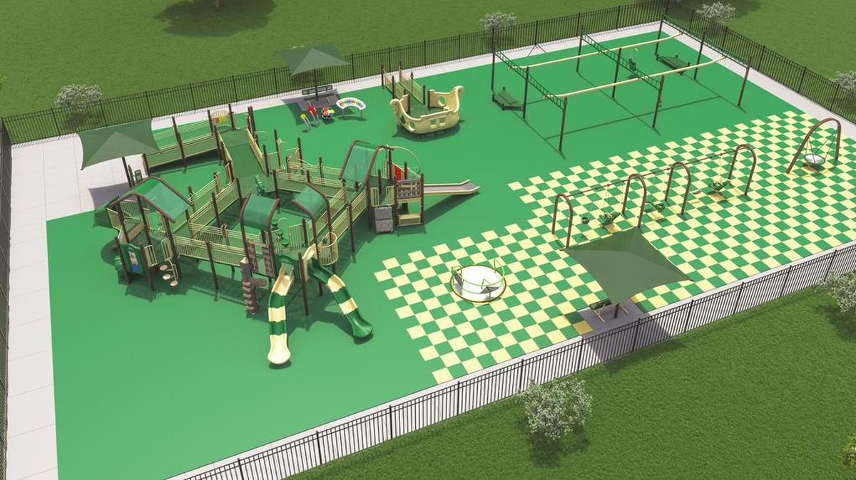 An aerial view of a concept for an all-inclusive playground design for Dennis H. Rinderer Park on Veterans Honor Parkway in Highland. The park was deisgned to include features for all children.
