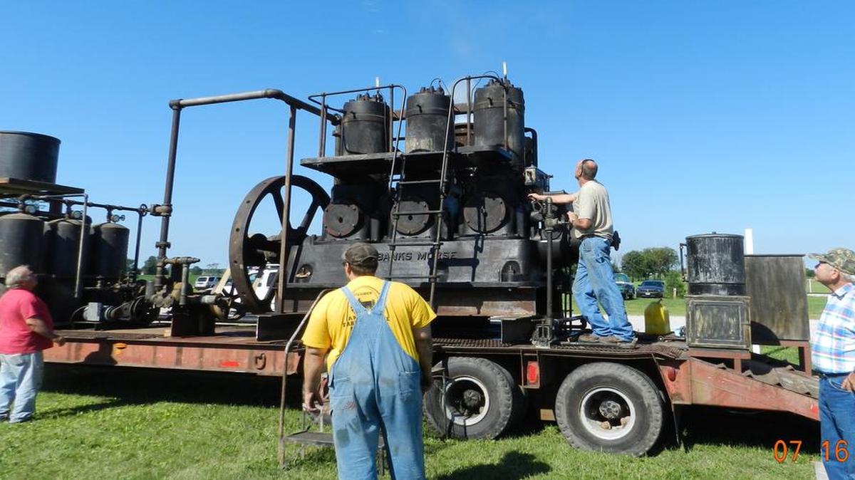 Santa Fee Levee District engine to be featured at festival: The Santa Fee Levee District is located south of Bartelso. Late last year, the levee district decided to update the levee pump engine and donated the engine to the Farm Heritage Museum in Greenville. The museum started the removal process in mid-December. The engine is a 32 Fairbanks Morse and drove a 52-inch water pump. The pump unit has been in service for the past 86 years. The removal process took about one month to complete and move to the museum. With the help of donations, equipment and numerous hours of hard work, the engine was reassembled. Built in 1929, the engie is 180 horsepower, capable of 257 rpm. The cylinder bore is 14 inches, and the stroke is 17 inches. The engine is a three-cylinder diesel engine that is cranked by applying air to the No. 1 and 3 cylinders. The engine will start on the No. 2 cylinder. After the engine is started, it will then run on all three cylinders. The fuel consumption is seven to eight gallons of diesel fuel per hour, under load. The water pump is still in service at Bartelso, with a new engine supplying the power.
