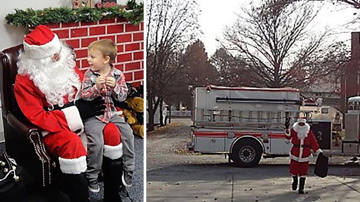 Santa made a surprise visit to Grantfork on Sunday, Dec. 3 during the annual Children's Christmas Party, which is hosted by the village. A crowd of 60 children and adults were on hand to welcome Santa. Presents and prizes were handed out to everyone who attended the event, and all enjoyed the cookies and hot dogs that were provided by the Grantfork Fire Department. In photo on left, Santa listens as 3-year-old Ayden Grindstaff, the son of David and Tammy Grindstaff, recites his Christmas list. In photo on right, since no there was no snow in sight when Santa made his appearance in Grantfork, and his sleigh does better in snow, Santa got a ride with the Grantfork Fire Department to attend the party.