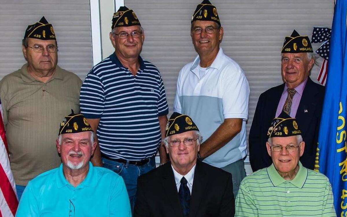 
New officers for Lee Iten American Legion Post 439 in Highland are, front row from left, Bill Halcomb, junior vice commander; James Hobbs, commander; and Val Buchmiller, senior vice commander. In back row are Ron Linenfelser, sergeant at arms; Matt Tebbe, service officer; Phil Chapman, chaplain; and Wayne Wirz, finance officer.
