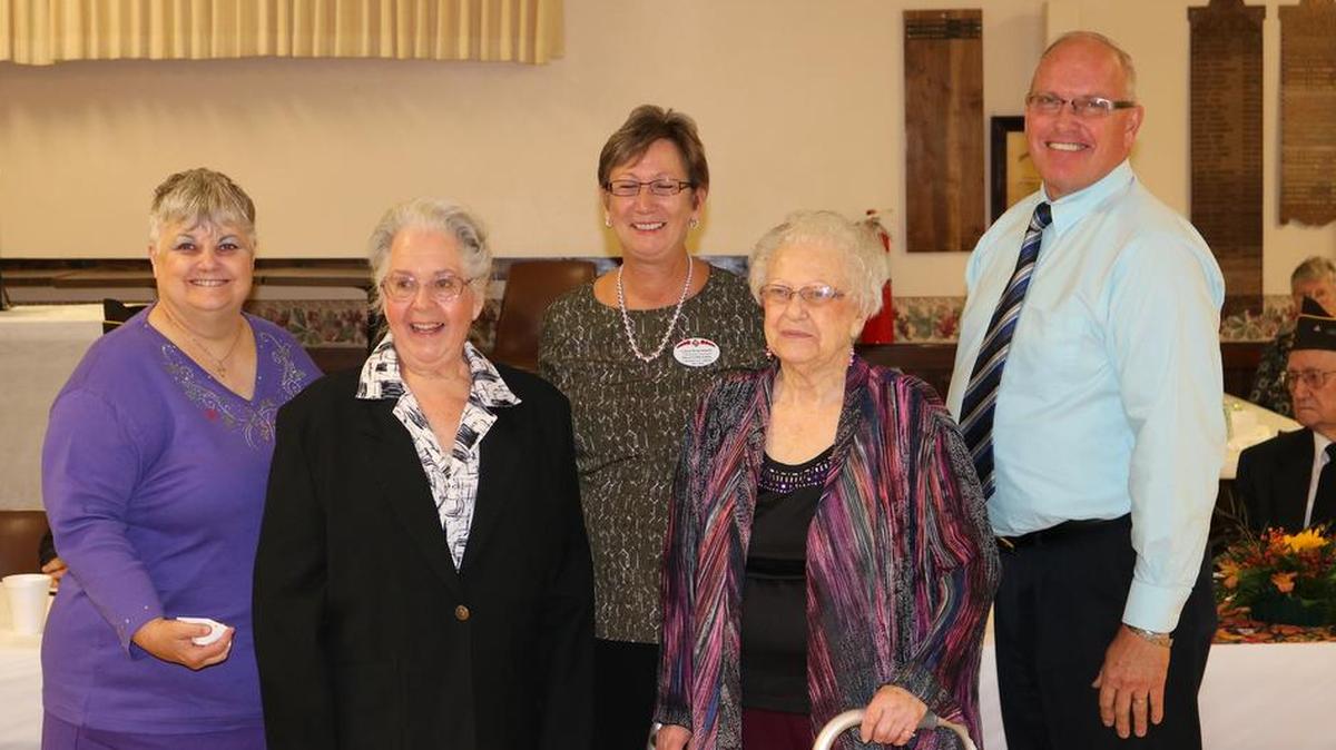 Auxiliary 70-year pins From left are VFW Auxiliary president Gloria Jancek, Jeanette Hammel, VFW Auxiliary 12th District president Laura Knacksted, Colleen Poss, and senior vice president Keith Poss.
