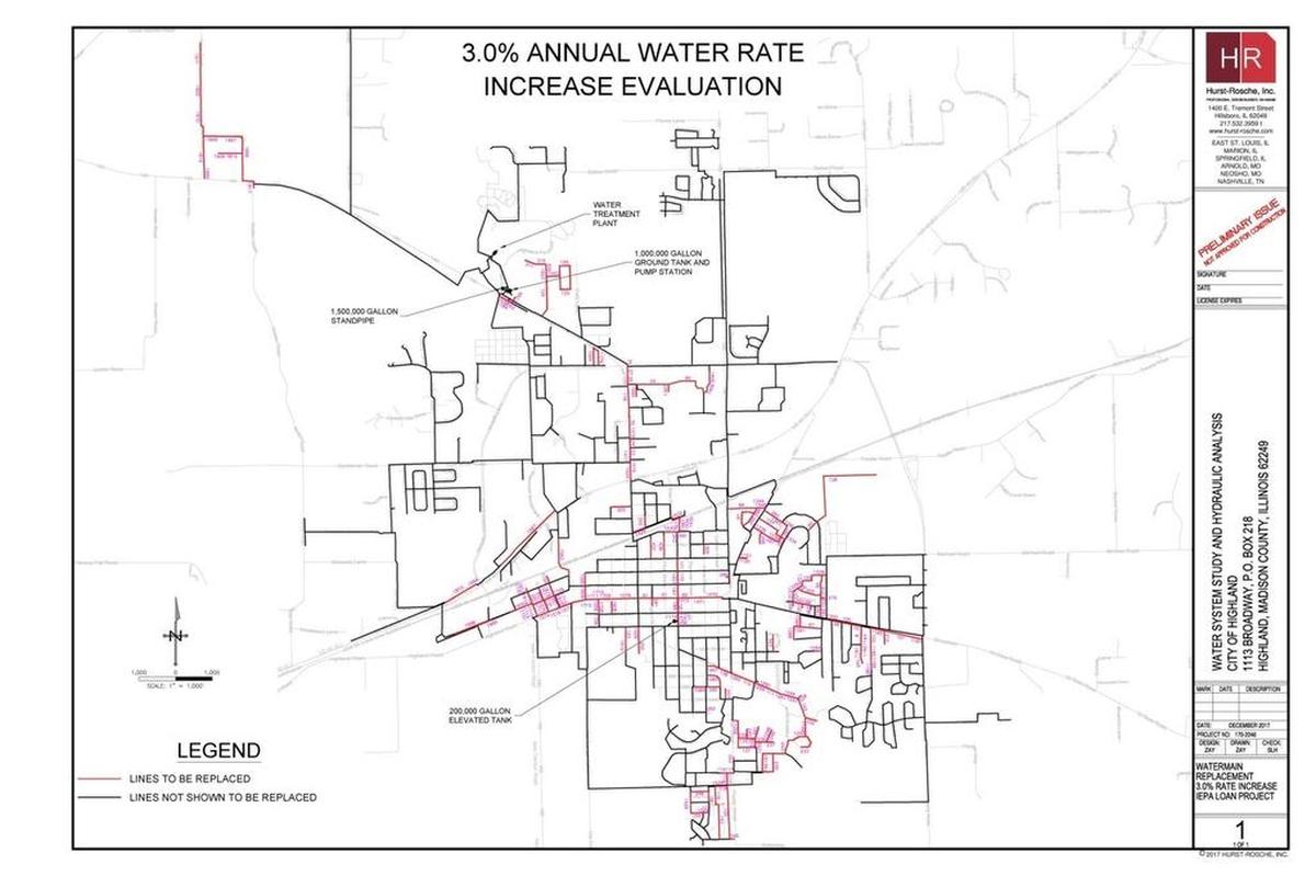 A map made by the engineering firm Hurst-Rosche showing much of the city’s water distribution system that would be replaced if the city raises water rates 3 percent for the next 17 years.