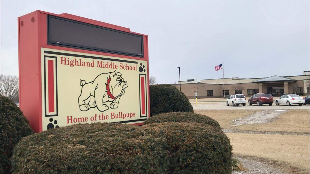 The sign in front of Highland Middle School. On Feb. 21, administrators from the Highland School District and Highland police officers spent about nine hours investigating a threat made by a HMS student towards another student.