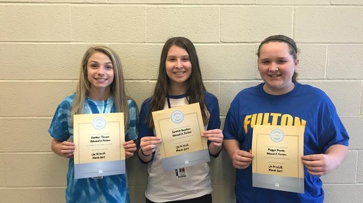 O’Fallon Community Consolidated School District 90 Edward Fulton Junior High School April student’s of the month, left to right, Heather Turpin, eighth grade; Caroline Suydam, seventh grade; and, Maggie Meade, sixth grade.