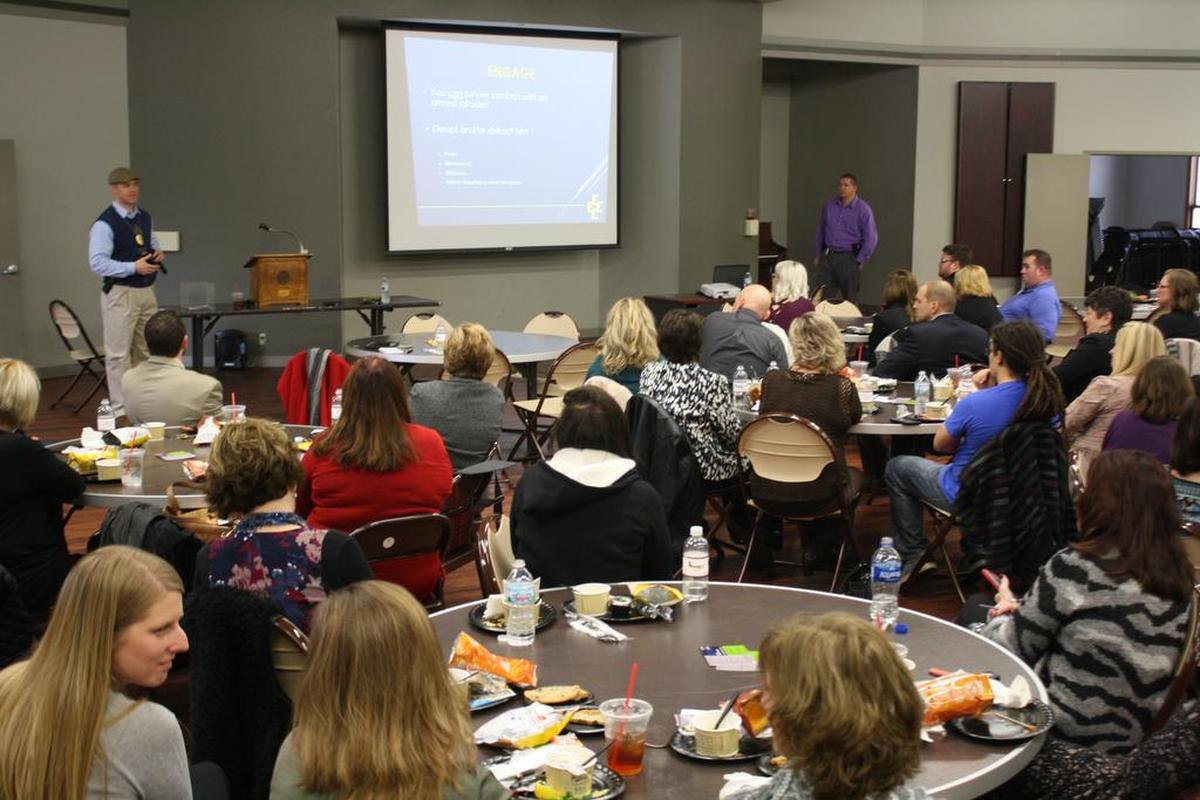 O’Fallon Police Detective Brian Gimpel and Sgt. Patrick Feldhake teamed up to provide option-based solutions for active killer events to about 100 attendees of the O’Fallon-Shiloh Chamber of Commerce luncheon at the Katy Cavins Community Center Wednesday, Jan. 10. The duo discussed the 4E’s: educate, escape, evade and engage.
