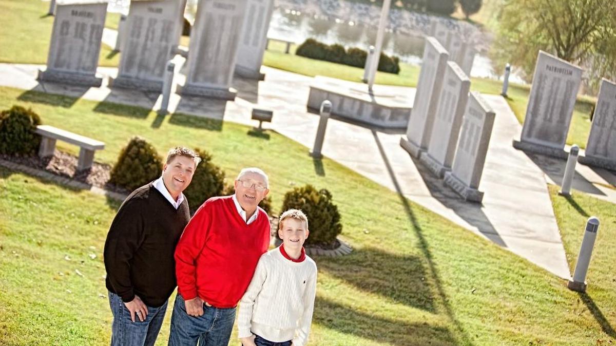 Three generations of Spengler’s stand in front of the O’Fallon Veteran’s Monument. From left, Jason, Syd and Logan, Jason’s son. The Spengler Company has been chosen this year’s Chamber of Commerce Salute to Business Community Service Award recipient.