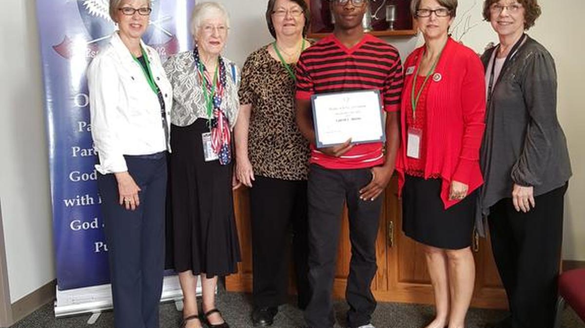 From left, Suzie Haas, Marion Rose, Linda Hangsleben, Latrell Burns, Rhonda Leach and Jackie Biehl, administrator of First Baptist Academy. Latrell Burns, a senior at First Baptist Academy in O’Fallon, won the Daughters of the American Revolution (DAR) American History Essay Award from Looking Glass Prairie Chapter, NSDAR in O'Fallon on May 3. Burns’ history topic is “Columbus and Lindbergh: A Journey Across the Atlantic” he was presented by the chapter a DAR certificate, $100 prize and a journal with a pen.