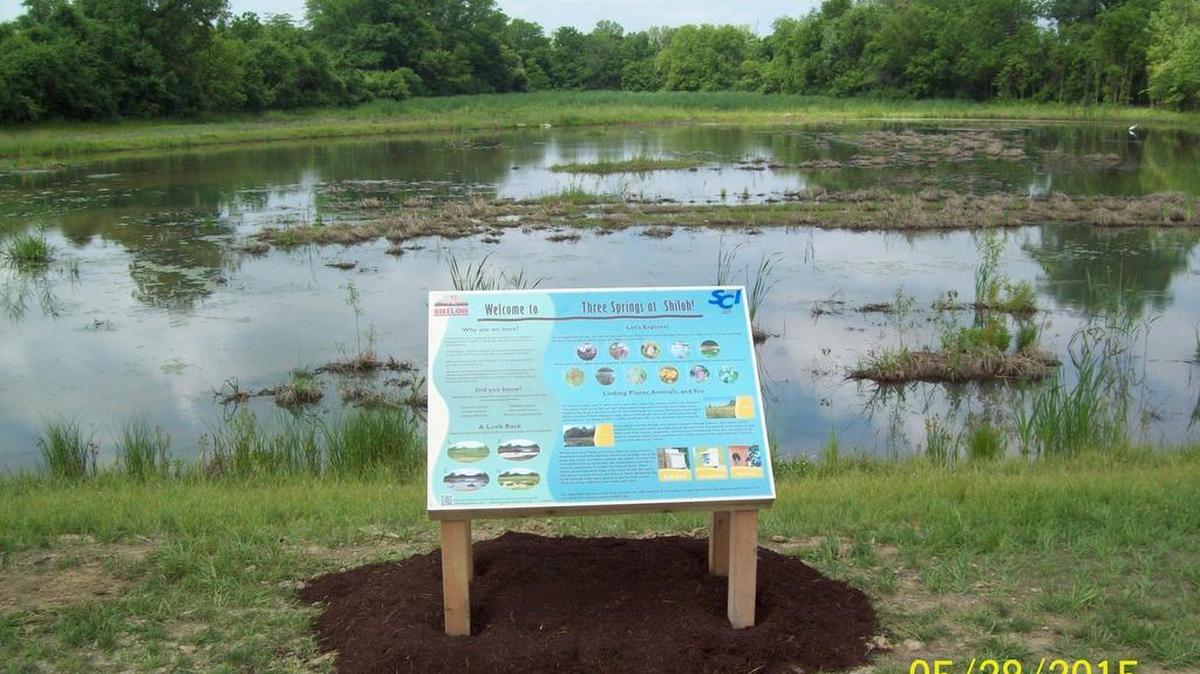Informational board furnished by SCI Engineering Inc as a courtesy to the Village of Shiloh for visitors interested in learning more about the Three Springs at Shiloh Wetland Mitigation project completed spring of 2015.