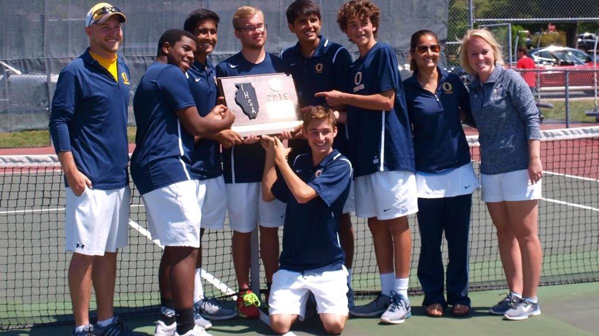 Pictured from left, are O’Fallon High School assistant coach Doug Mennerick, Quincy Dollison, Shree Patel, Riley Muren, Dominic Macaluso (kneeling in front), Prem Patel, Niko Papachrisanthou, assistant coach Mimi Shelton and head coach Erin Thoman.