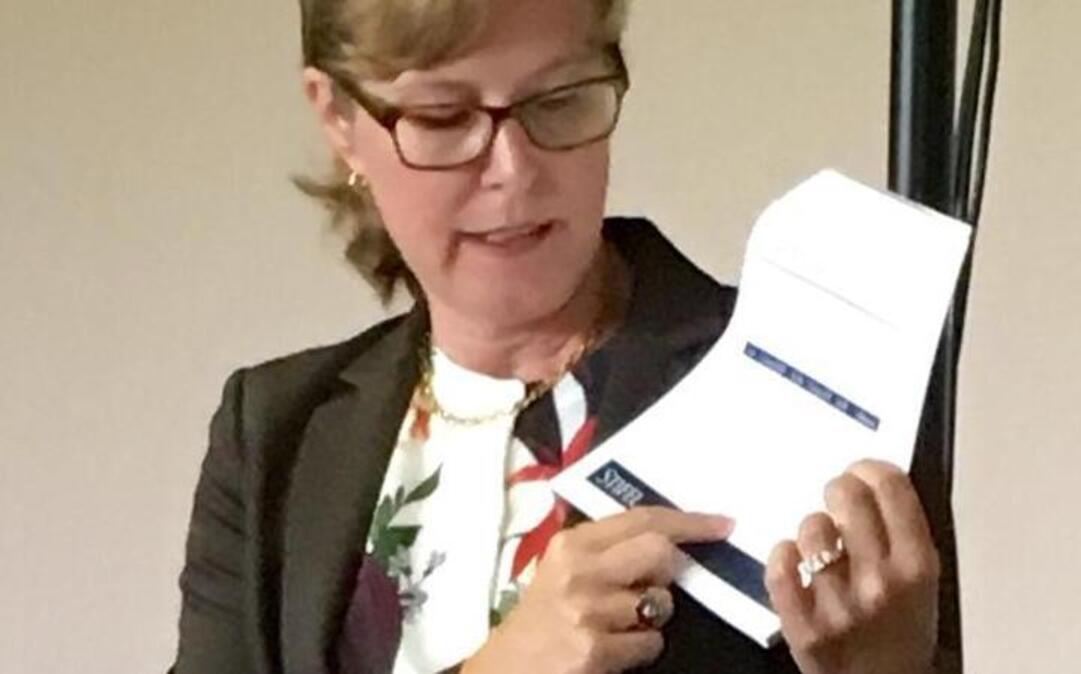 Anne Noble, managing director of Stifel Public Finance and the bond representative for O’Fallon School District 90, talks about the advisory referendum on the November ballot at the O’Fallon Pachyderm Club meeting.