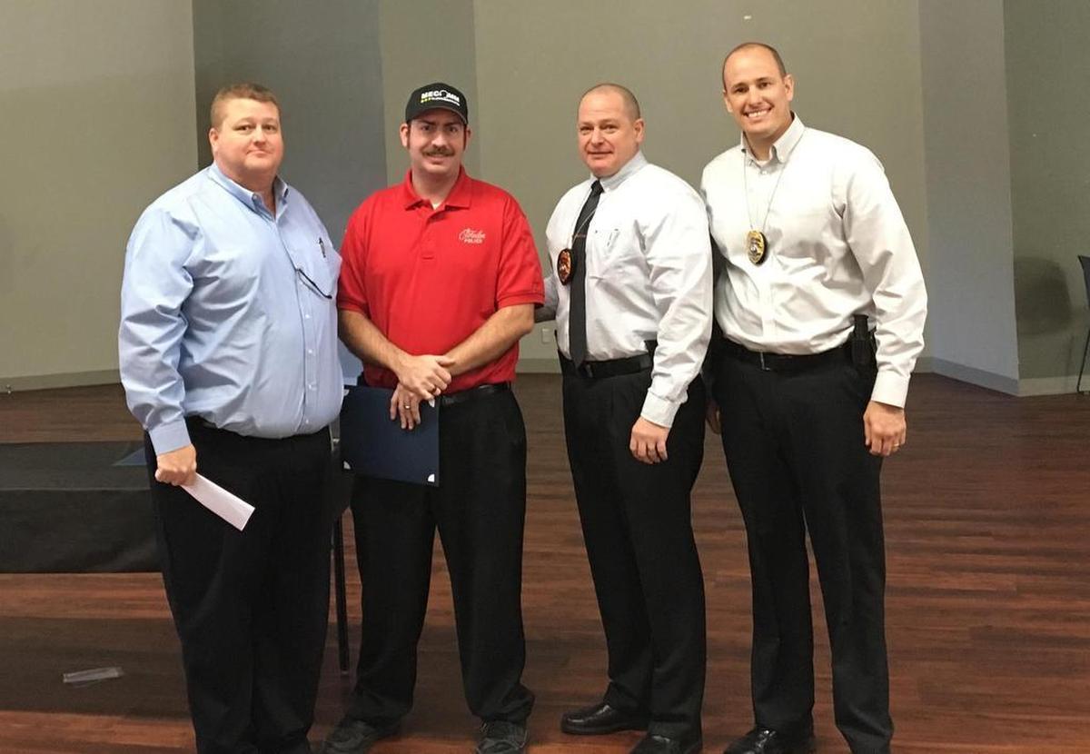 O’Fallon Department of Public Safety 2017 Employee of the Year awards were given during the Thursday, Dec. 7 annual awards event. From left, Support Services Supervisor Daryl Ostendorf, Telecommunicator Jared Runyan, Chief Eric Van Hook and Captain Kirk Brueggeman.