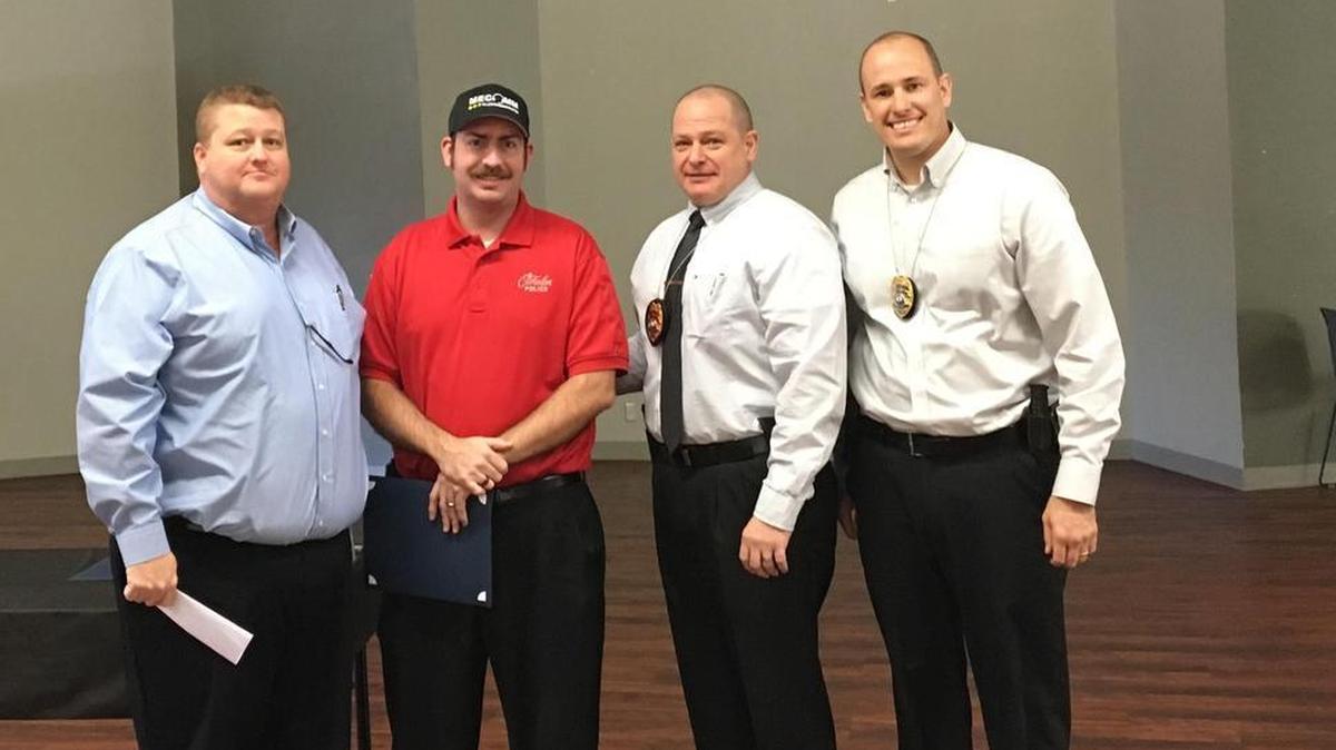 O’Fallon Department of Public Safety 2017 Employee of the Year awards were given during the Thursday, Dec. 7 annual awards event. From left, Support Services Supervisor Daryl Ostendorf, Telecommunicator Jared Runyan, Chief Eric Van Hook and Captain Kirk Brueggeman.