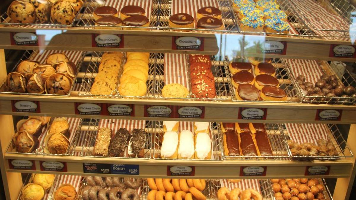 The doughnut case at a now-closed Tim Hortons in O’Fallon, Illinois, outside St. Louis.