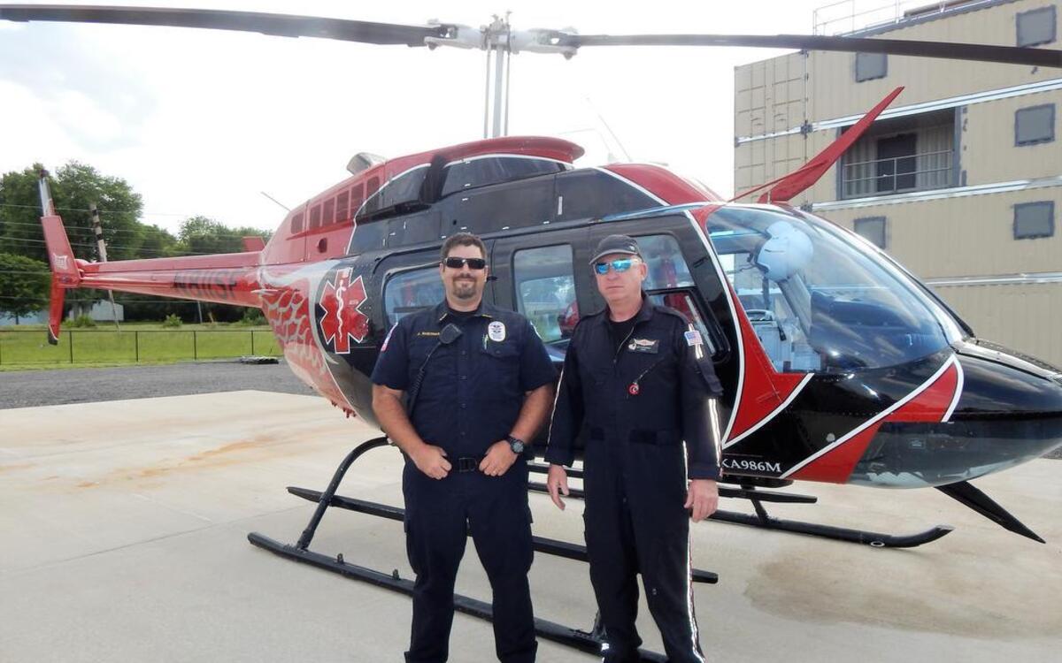Jerry Sherman, supervisor of O’Fallon paramedics, and pilot Jeff Stackpole of Survival Flight.