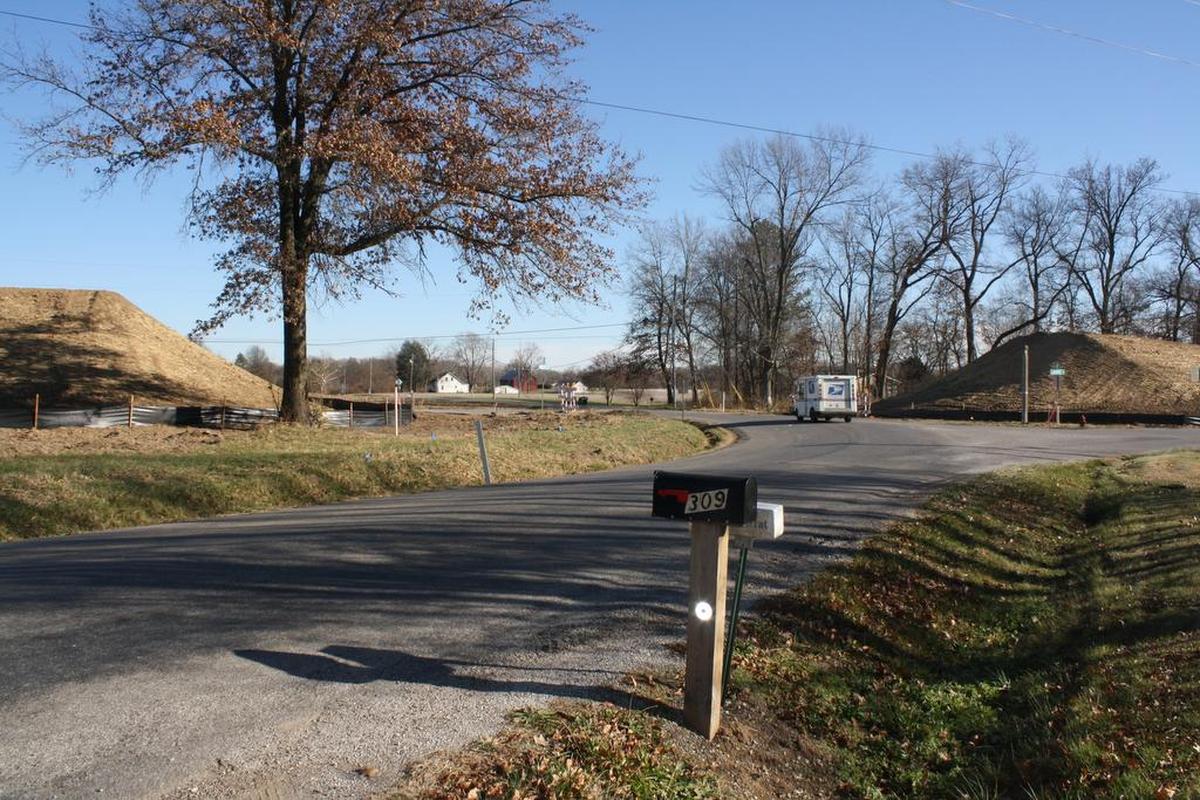 View from Linda Scheibel’s home, 309 Bethel Rd., of construction at the Witte and Bethel roads intersection where the Bethel Road Bridge is expected to be installed along the former CSX Transportation Railroad alignment in October 2018 crossing over Bethel Road in rural O’Fallon for the Troy-O’Fallon Bike Trail Connector project.