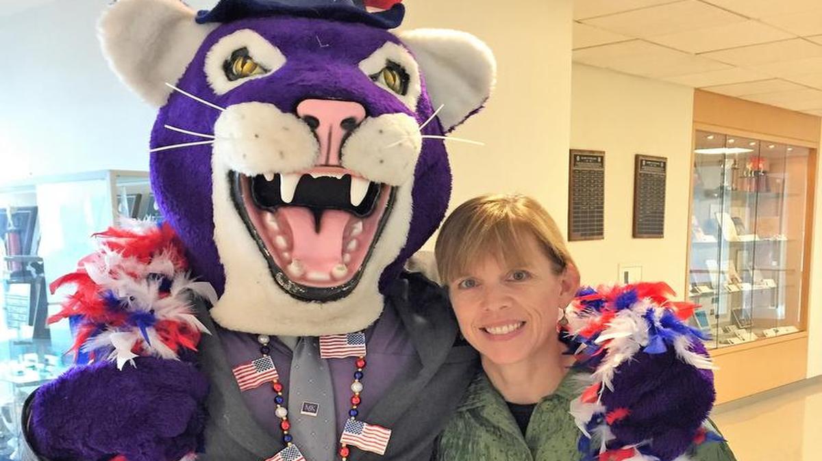Ann Collins, associate professor of political science, with mascot Bogie for a mock election at McKendree in the fall of 2016.