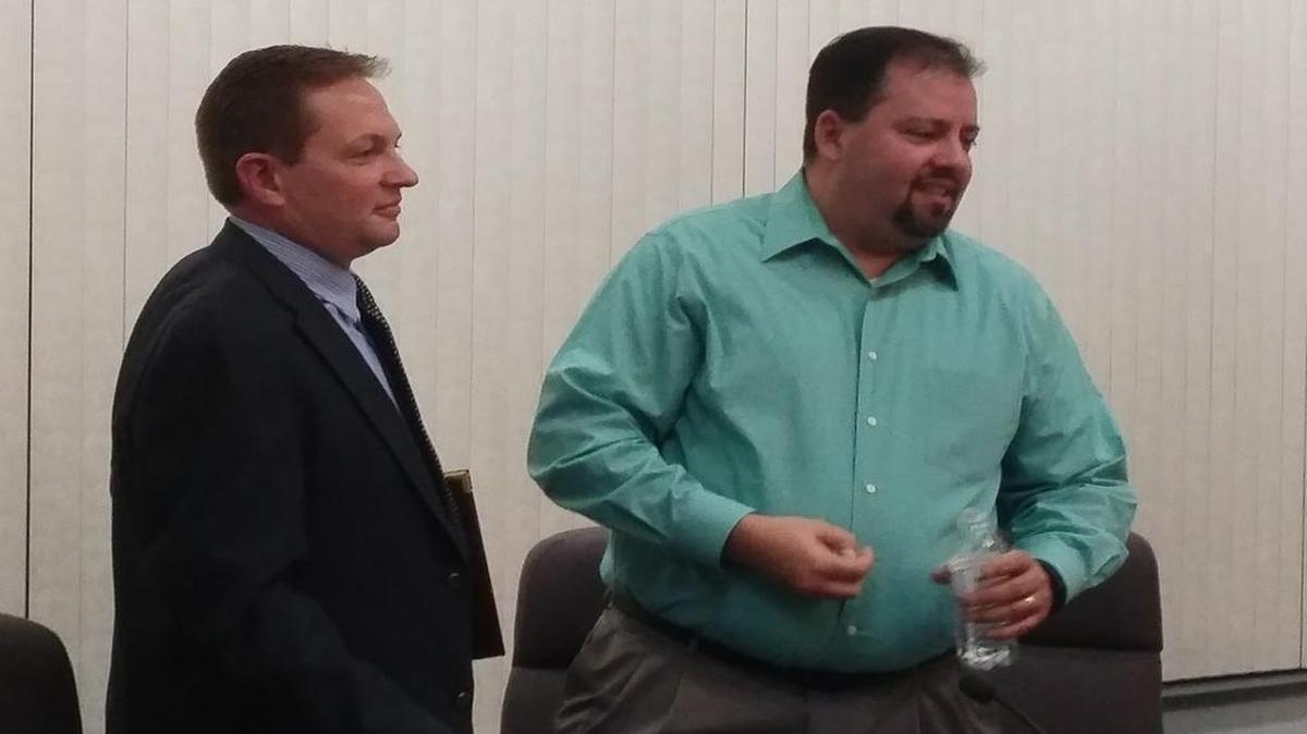 Tom Mitchell and Jon Burgmann after the O’Fallon-Shiloh Chamber of Commerce Candidate Forum on Thursday, March 2 at O’Fallon City Hall. Burgmann used his closing statement at the forum to announce he was withdrawing from the aldermanic race in Ward 7 and endorsing Dan Witt. The election is now a two-way race between Witt and Mitchell.