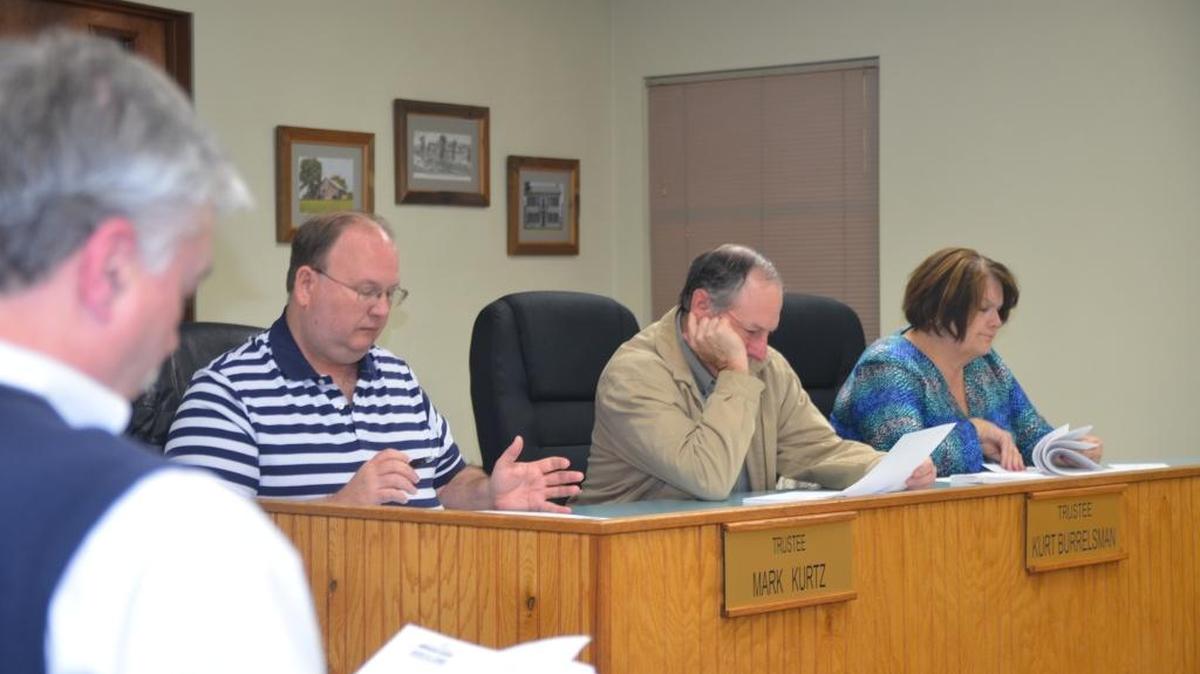 Picuted in the foreground, Shiloh Village Administrator addresses the Board of Trustees. From left, Trustees Mark Kurtz, Kurt Burrelsman and Colleen Powers.