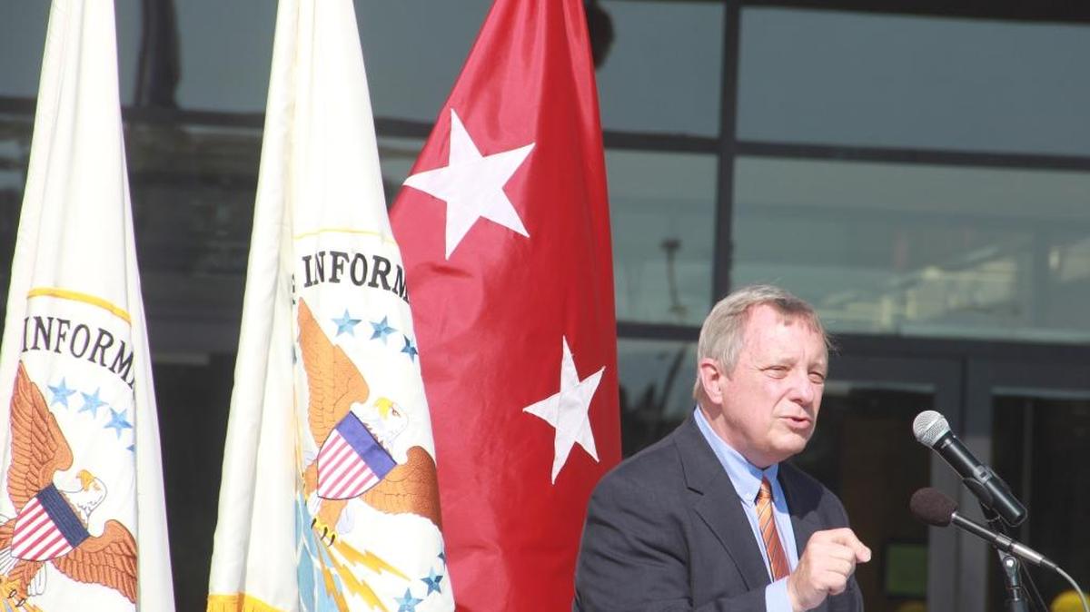 U.S. Senator Dick Durbin speaks at Scott Air Force Base.