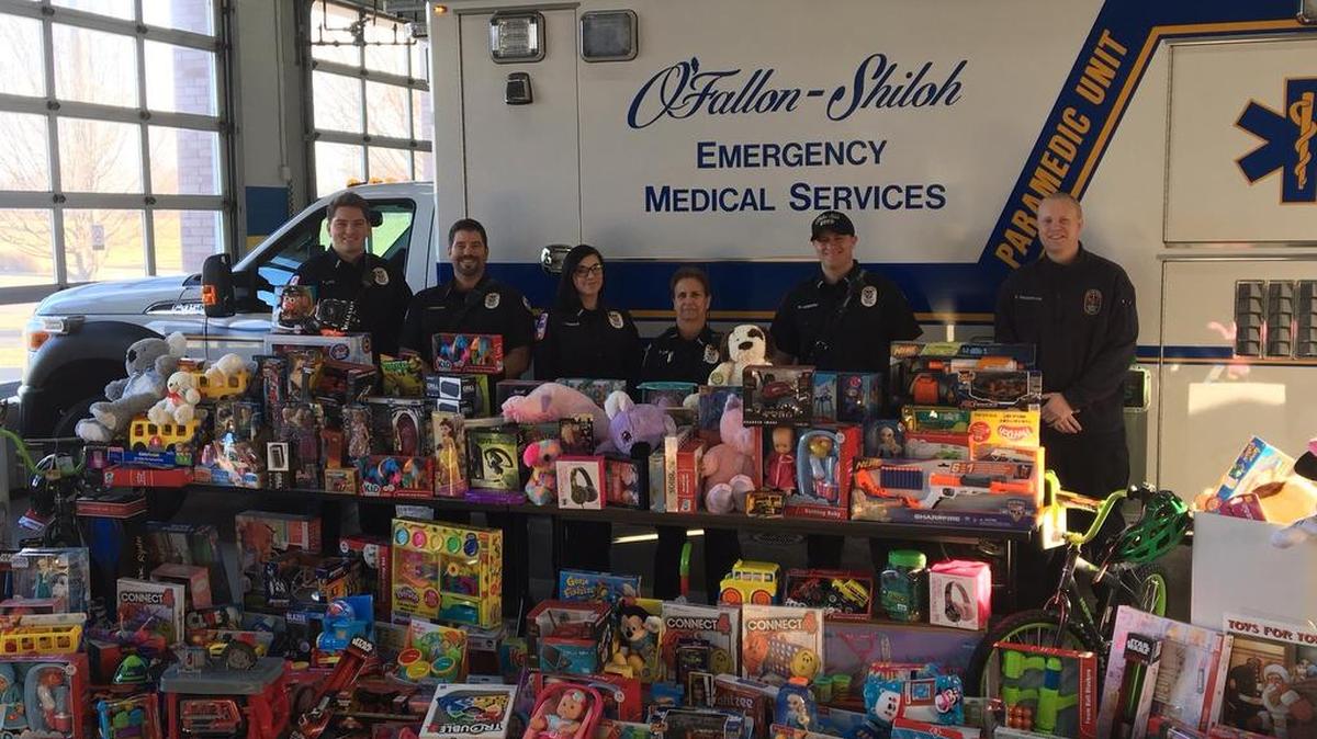 The O’Fallon-Shiloh Emergency Medical Services 2017 annual Stuff the Bus Toys For Tots Drive collected about 700 toys to donate to Toys For Tots through last weekend. From left, Pat Lenz, Jeremy Sherman, Lauren Kimberlin, Donna Conklin, Nick Fensom and Kevin Wiemerslage.